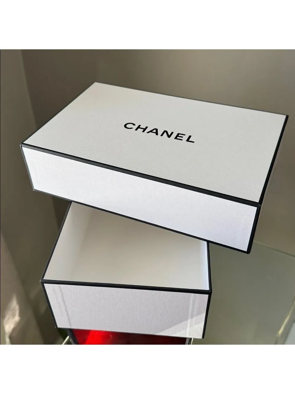 Authentic CHANEL White with Black Trim Logo Gift Box